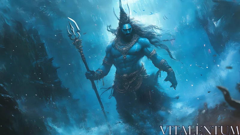 Mythic blue warrior commands stormlit ocean depths.