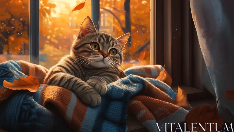 Tabby cat rests on checkered blanket by autumn window