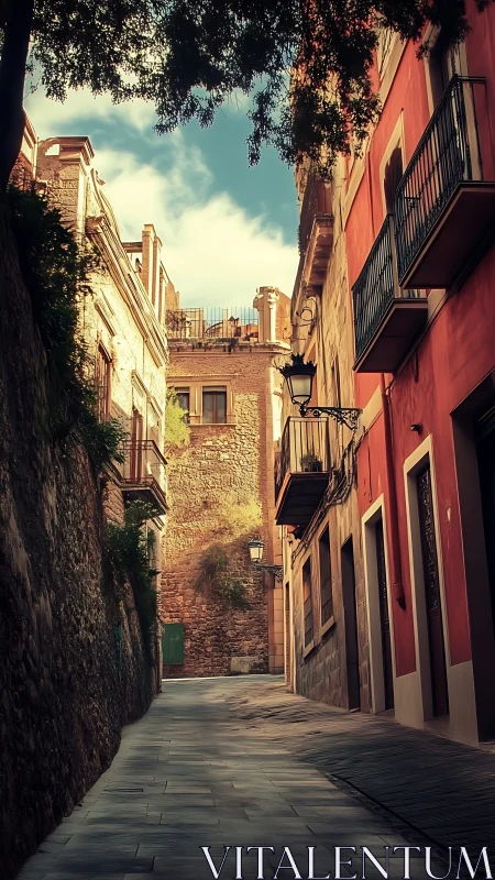 Narrow European alley with stone and stucco residential facades.