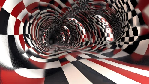 Surreal Checkered Tunnel with Red, White, and Black Abstract Patterns.