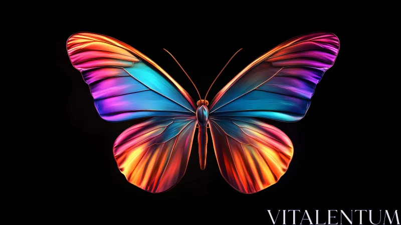 Vibrant Multicolored Butterfly on Black Background, Digital Art.