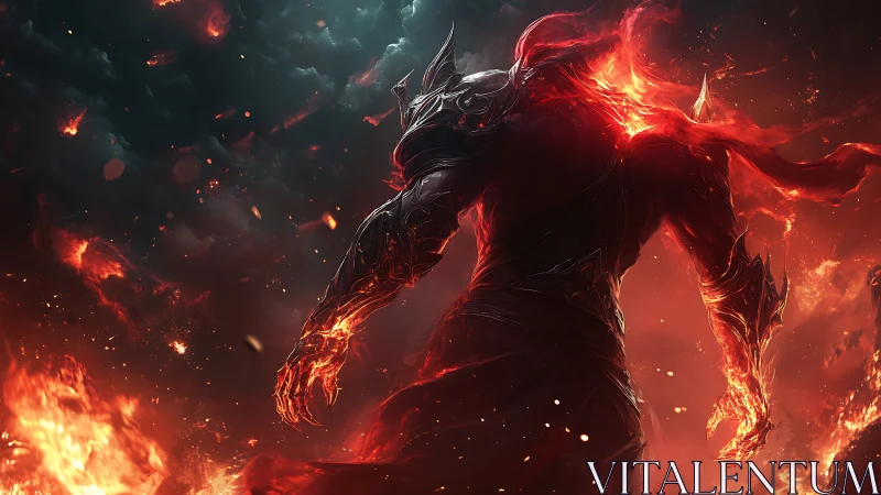 Ember-clad warrior rising from roaring stormfire skies.