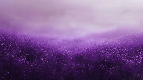Dreamy lavender meadow wrapped in soft evening mist.