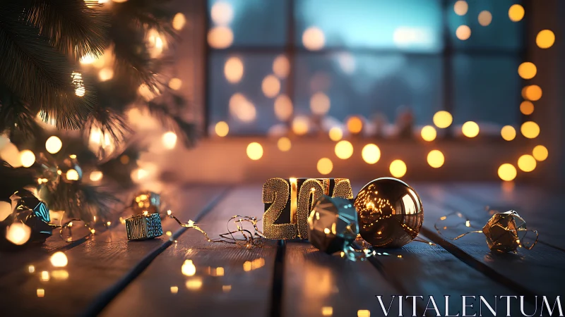 Golden New Year 2024 decor glows over rustic wood table