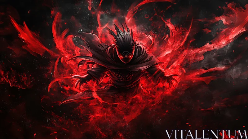 Crimson cloaked warrior emerging within eruptive flame field.