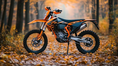 Orange dirt bike in sharp focus on autumn forest trail.