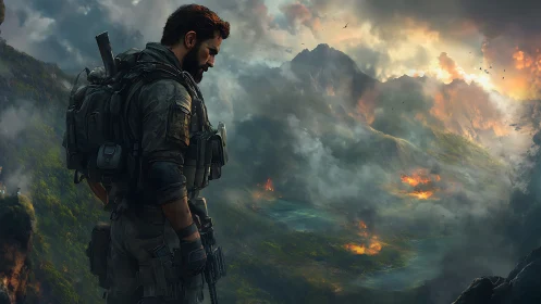 Battle-hardened scout surveys burning valley of stormlit fire.