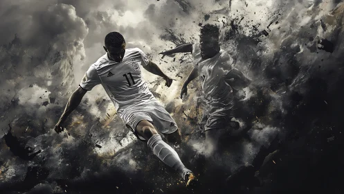 Dynamic soccer players in smoky abstract action scene.