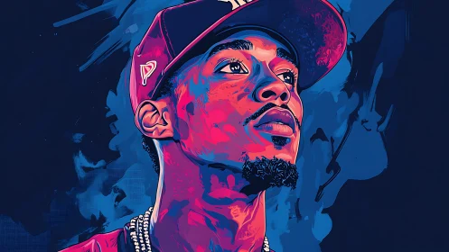 Stylized male portrait in blue and magenta digital art.