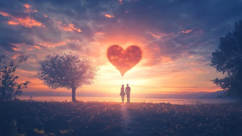 Romantic Sunset: Silhouetted Couple Beneath Glowing Heart.