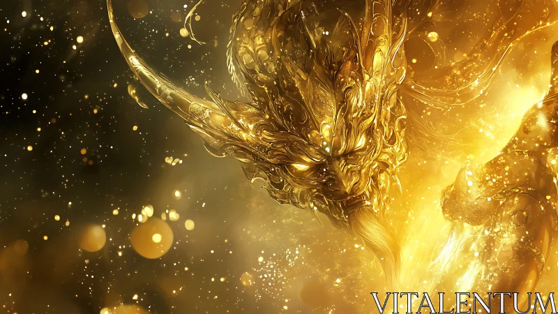 Golden horned dragon entity in luminous abstract field.
