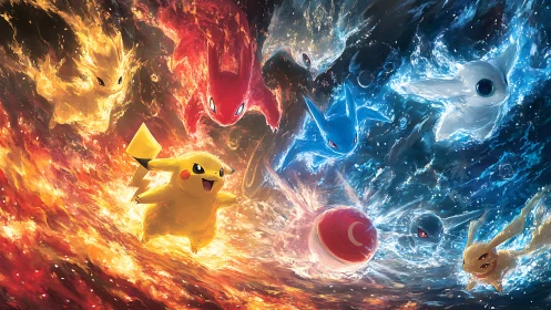 Elemental creatures in opposing fire and water vortexes.