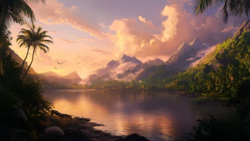 Sunlit tropical lagoon before misty emerald mountains at dusk.