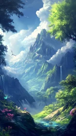 Sunlit crystal peaks above a secret green valley dreamscape.