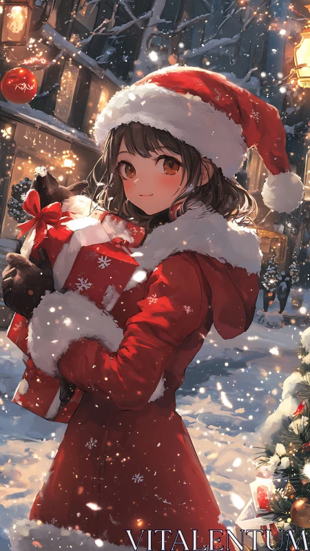 Festive anime girl in red coat amid luminous snowfall scene.