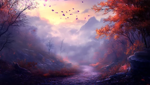 Mountain path cuts through misty valley under autumn foliage