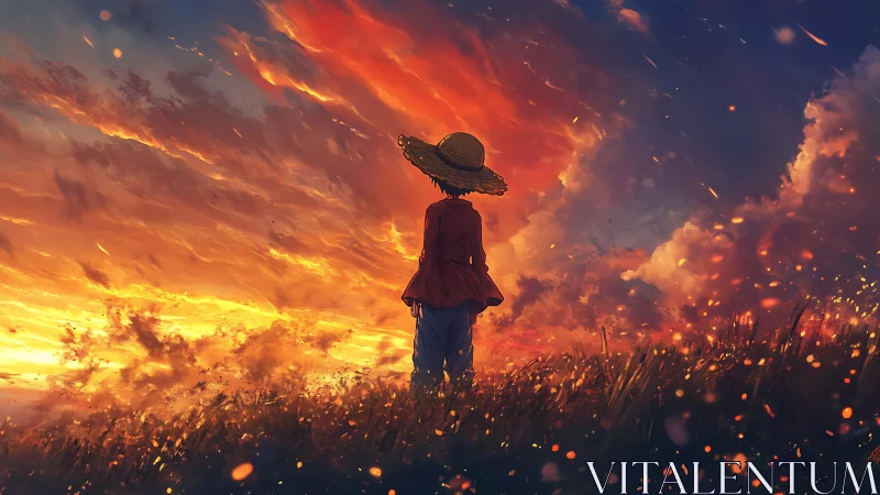 Straw-hatted dreamer watching a wildfire sunset sky burn softly.