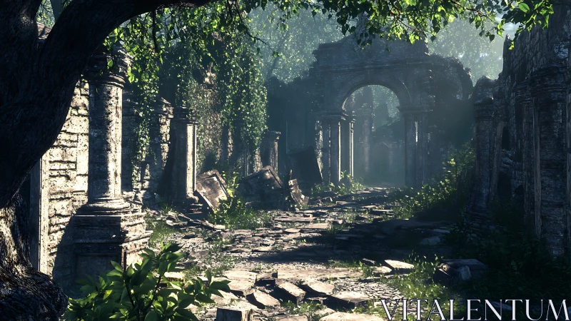 Stone ruins with archway and overgrown vegetation are shown