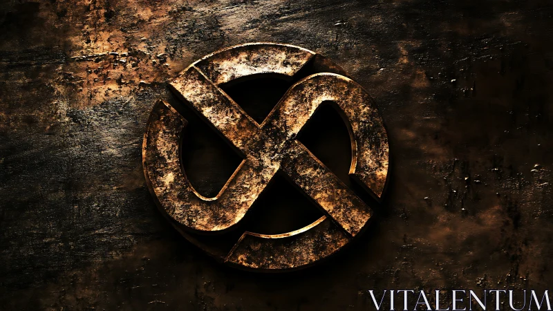 Weathered metal emblem glows softly against dark rust