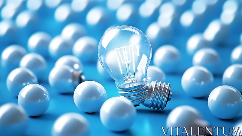 Glass light bulb lies among glossy white spheres on blue