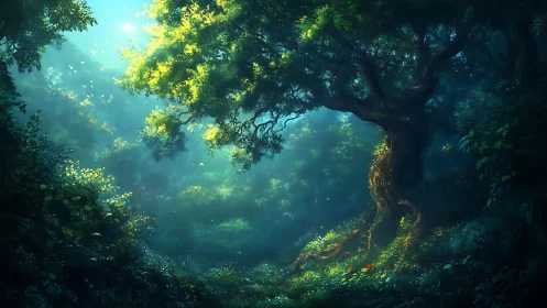 Mystical Forest Canopy. Sunlit Ancient Woodland.