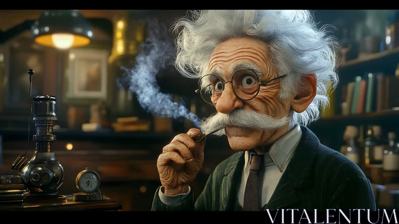 3D caricature of eccentric scientist in warm lab interior.