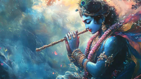 Mystical blue flutist in swirling ethereal blossoms.