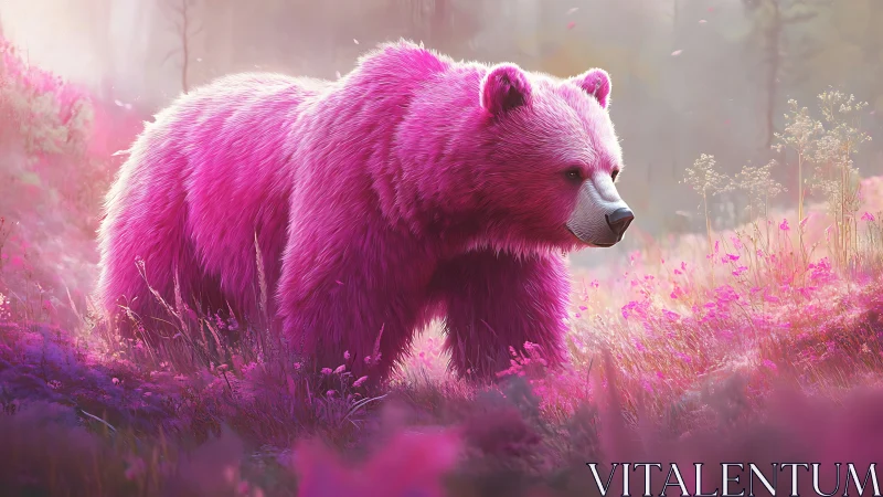 Pink bear in soft-lit meadow with saturated foliage.