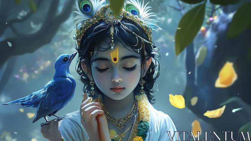 Forest child deity with blue bird in luminous petals.