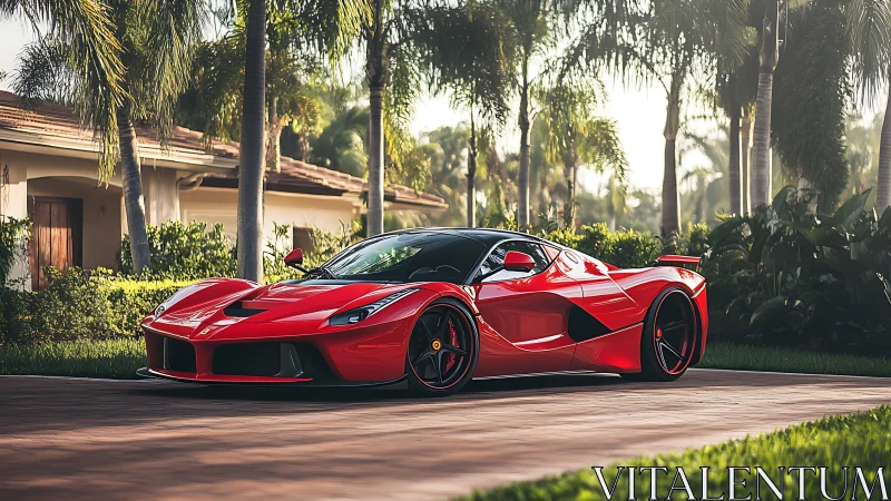 Red mid‑engine hypercar parked on palm‑lined driveway at villa