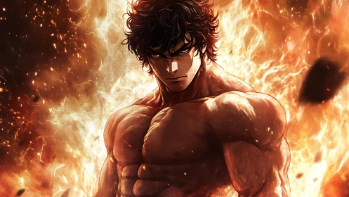 Muscular anime fighter standing before intense flames.