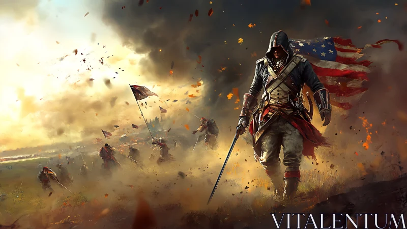 Hooded swordsman advancing with soldiers and U.S. flag.