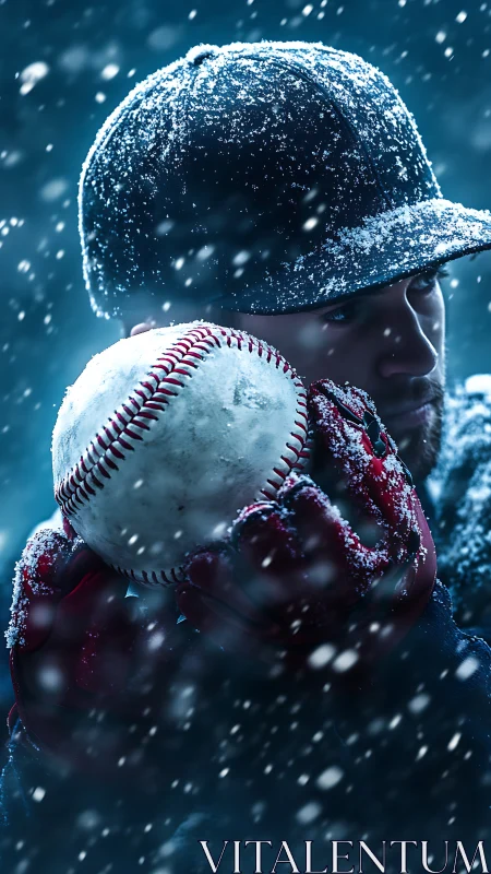 Photorealistic winter baseball portrait with dramatic depth of field.