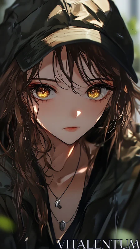 Golden-eyed girl in hooded jacket under soft daylight.