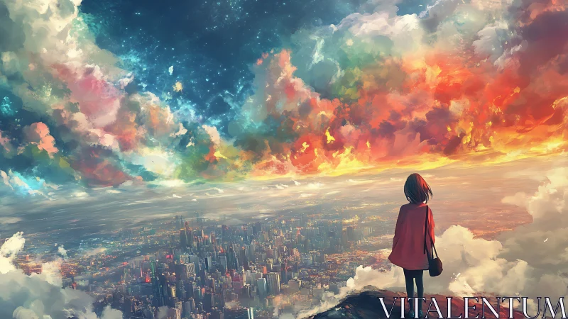 Solitary dreamer overlooking luminous city beneath nebula sky.