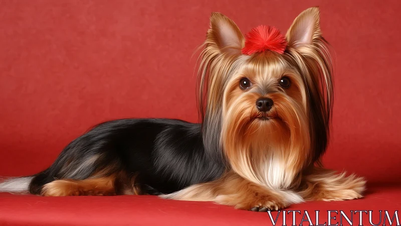 Yorkshire terrier portrait with silky coat on red backdrop.