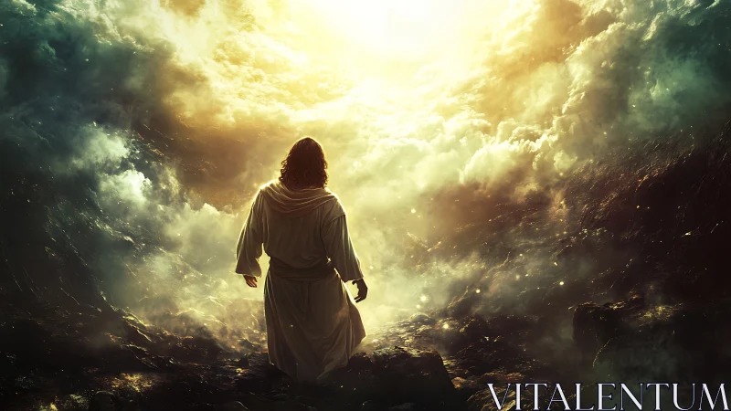 Robed wanderer steps into a storm of molten heavenlight