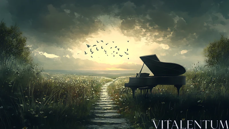 Lonely grand piano awaits the sunrise on a misty meadow path