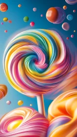 Candy Swirl with Floating Spheres in Blue Sky.