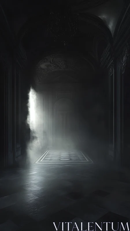 Volumetric light breach in baroque corridor under dense mist.