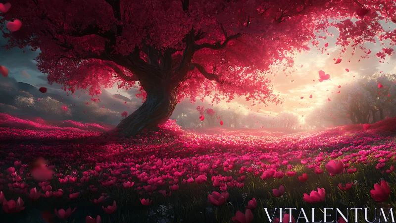 Enchanted crimson tree glows over a dreamlike flower meadow