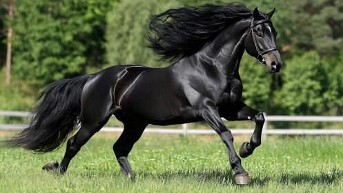 Midnight stallion thunders through sunlit emerald meadow.