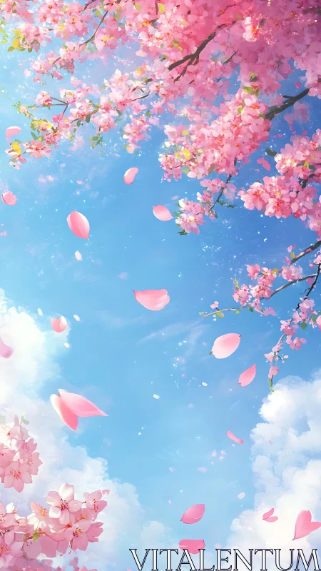 Skyward cherry blossoms drifting through a springtime day.