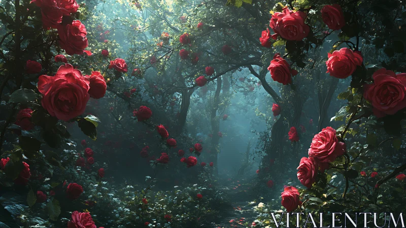 Enchanted Rose Garden: Luminescent Floral Corridor with Atmospheric Depth.