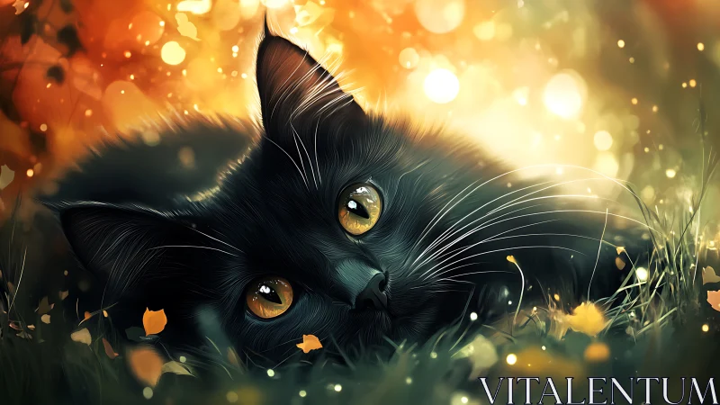 Black Feline with Amber Eyes in Autumnal Bokeh Environment.