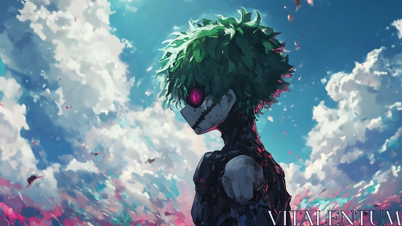 Cyborg boy silhouette cuts sky with neon storm clouds.