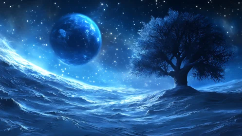 Luminous icy landscape with silhouetted tree and blue exoplanet