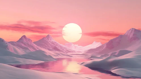 Pink ice mountains under low sun over reflective river.