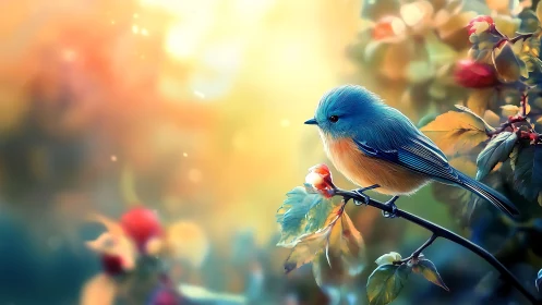 Blue songbird on branch in dreamy, colorful digital art style.