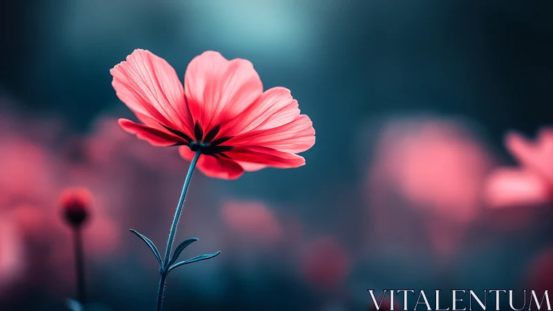 Pink Cosmos Flower Against Blurred Teal Background